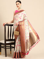 Beige Pure Silk Digital Print Floral Saree with Unstitched Blouse - Hiral Fashion