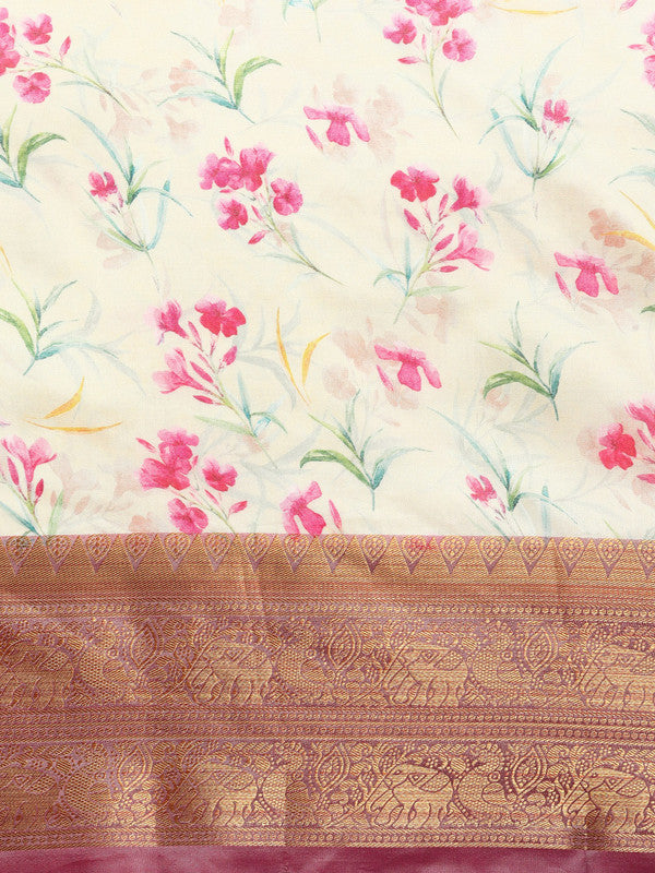Beige Pure Silk Digital Print Floral Saree with Unstitched Blouse - Hiral Fashion