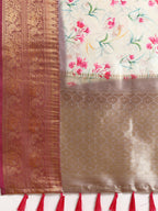 Beige Pure Silk Digital Print Floral Saree with Unstitched Blouse - Hiral Fashion