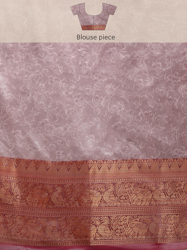 Beige Pure Silk Digital Print Floral Saree with Unstitched Blouse - Hiral Fashion