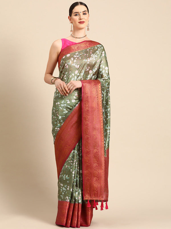 Olive Pure Silk Digital Print Floral Saree with Unstitched Blouse - Hiral Fashion