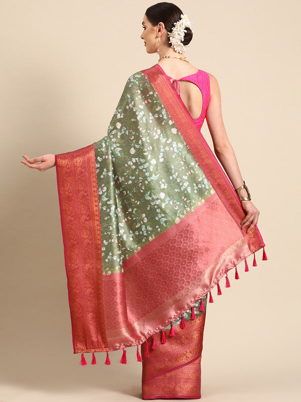 Olive Pure Silk Digital Print Floral Saree with Unstitched Blouse - Hiral Fashion