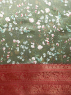 Olive Pure Silk Digital Print Floral Saree with Unstitched Blouse - Hiral Fashion