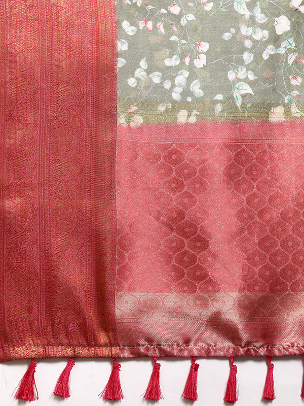 Olive Pure Silk Digital Print Floral Saree with Unstitched Blouse - Hiral Fashion