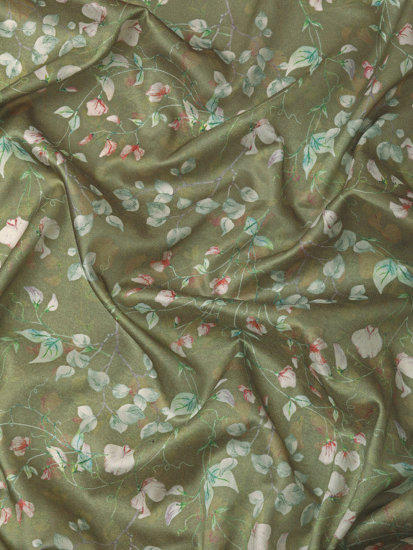 Olive Pure Silk Digital Print Floral Saree with Unstitched Blouse - Hiral Fashion