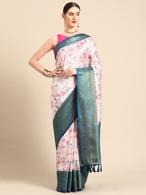 Light Pink Pure Silk Digital Print Floral Saree with Unstitched Blouse - Hiral Fashion