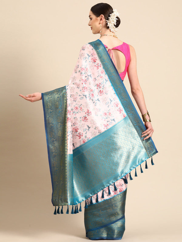 Light Pink Pure Silk Digital Print Floral Saree with Unstitched Blouse - Hiral Fashion