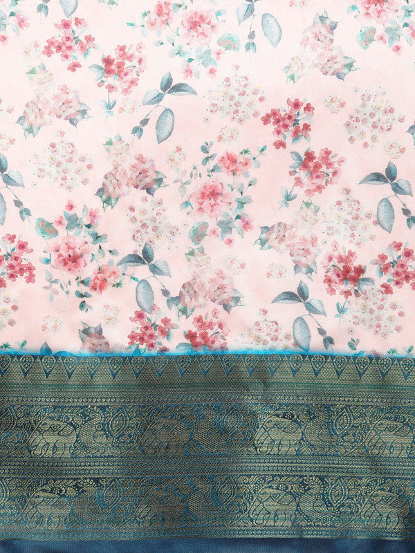 Light Pink Pure Silk Digital Print Floral Saree with Unstitched Blouse - Hiral Fashion