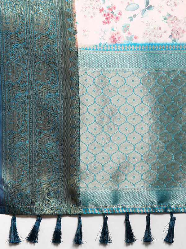 Light Pink Pure Silk Digital Print Floral Saree with Unstitched Blouse - Hiral Fashion