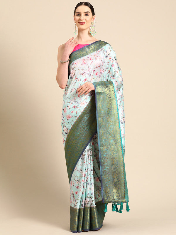 Green Pure Silk Digital Print Floral Saree with Unstitched Blouse - Hiral Fashion