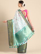 Green Pure Silk Digital Print Floral Saree with Unstitched Blouse - Hiral Fashion