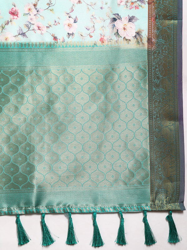 Green Pure Silk Digital Print Floral Saree with Unstitched Blouse - Hiral Fashion
