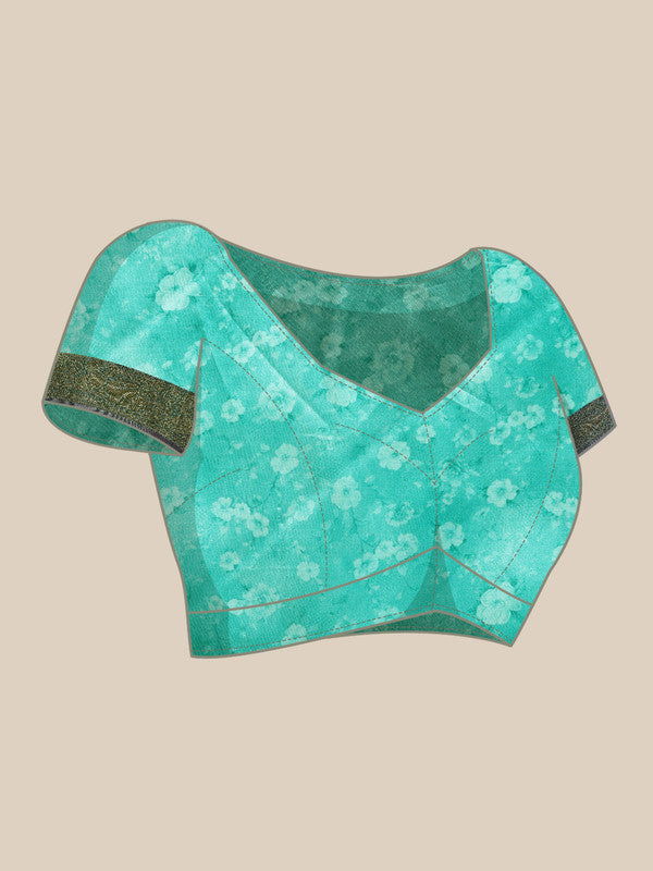 Green Pure Silk Digital Print Floral Saree with Unstitched Blouse - Hiral Fashion