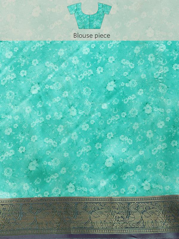 Green Pure Silk Digital Print Floral Saree with Unstitched Blouse - Hiral Fashion