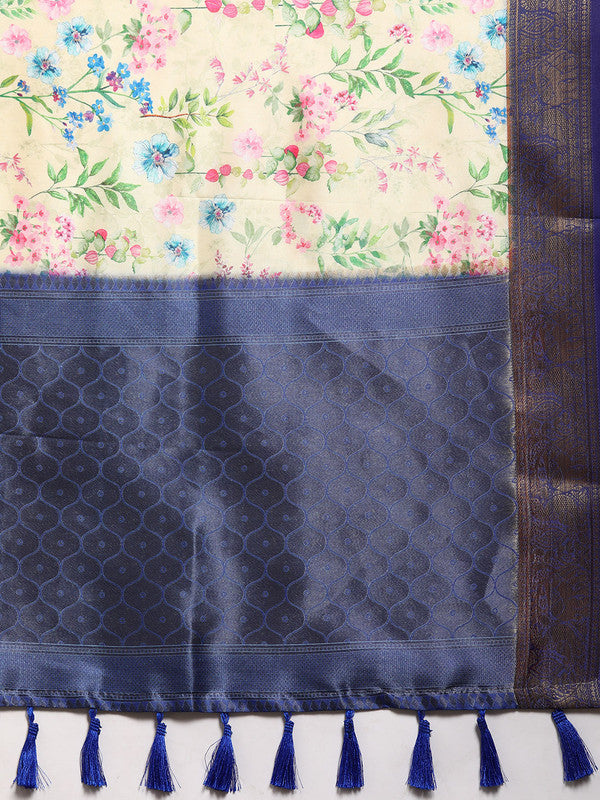 Multicolor Pure Silk Digital Print Floral Saree with Unstitched Blouse - Hiral Fashion