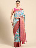 Turquoise Pure Silk Digital Print Floral Saree with Unstitched Blouse - Hiral Fashion