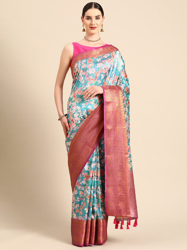 Turquoise Pure Silk Digital Print Floral Saree with Unstitched Blouse - Hiral Fashion