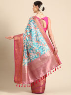 Turquoise Pure Silk Digital Print Floral Saree with Unstitched Blouse - Hiral Fashion