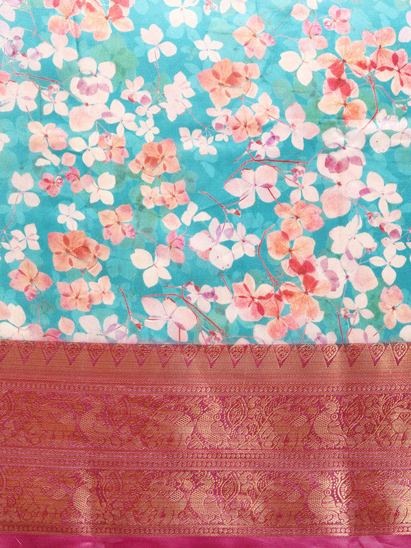 Turquoise Pure Silk Digital Print Floral Saree with Unstitched Blouse - Hiral Fashion