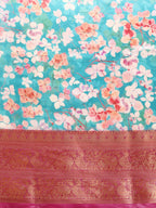 Turquoise Pure Silk Digital Print Floral Saree with Unstitched Blouse - Hiral Fashion