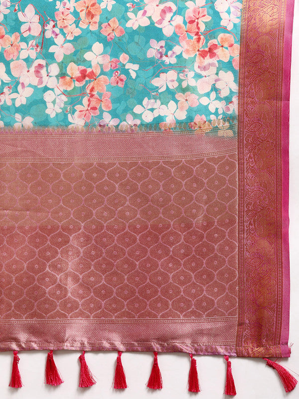 Turquoise Pure Silk Digital Print Floral Saree with Unstitched Blouse - Hiral Fashion