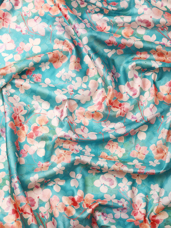 Turquoise Pure Silk Digital Print Floral Saree with Unstitched Blouse - Hiral Fashion