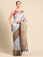 Gray Pure Silk Digital Print Floral Saree with Unstitched Blouse - Hiral Fashion