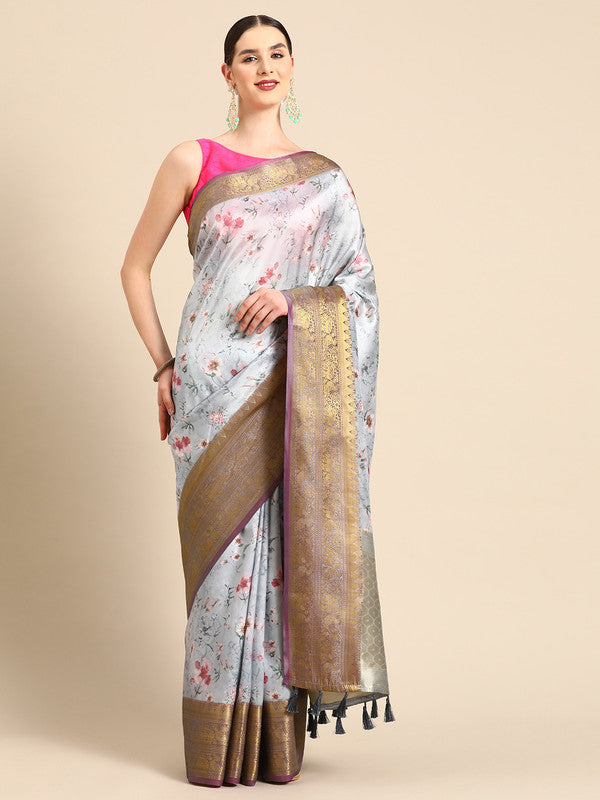 Gray Pure Silk Digital Print Floral Saree with Unstitched Blouse - Hiral Fashion