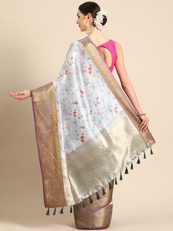 Gray Pure Silk Digital Print Floral Saree with Unstitched Blouse - Hiral Fashion