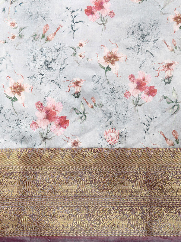 Gray Pure Silk Digital Print Floral Saree with Unstitched Blouse - Hiral Fashion