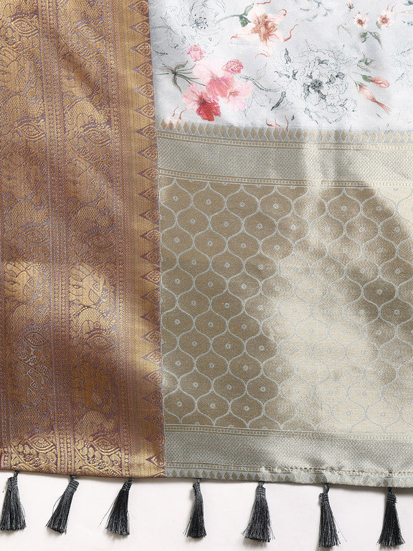 Gray Pure Silk Digital Print Floral Saree with Unstitched Blouse - Hiral Fashion
