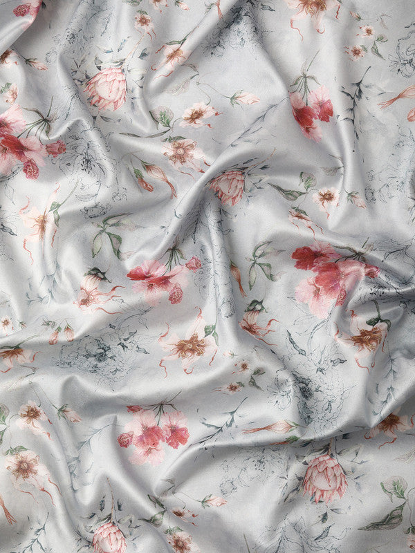 Gray Pure Silk Digital Print Floral Saree with Unstitched Blouse - Hiral Fashion