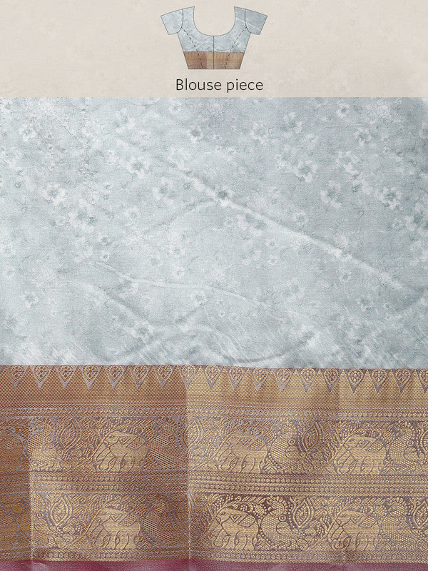 Gray Pure Silk Digital Print Floral Saree with Unstitched Blouse - Hiral Fashion