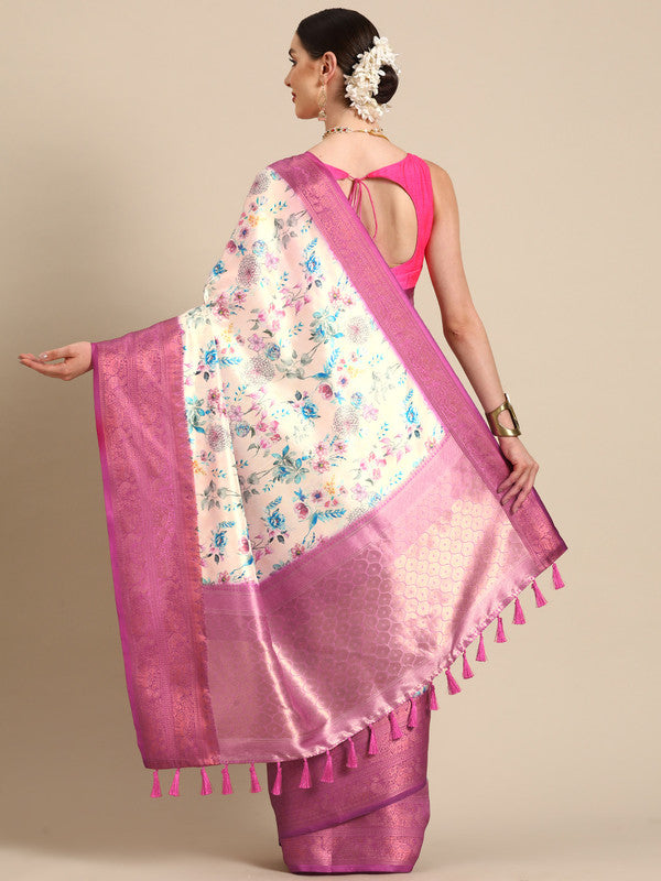 Off White Pure Silk Digital Print Floral Saree with Unstitched Blouse - Hiral Fashion