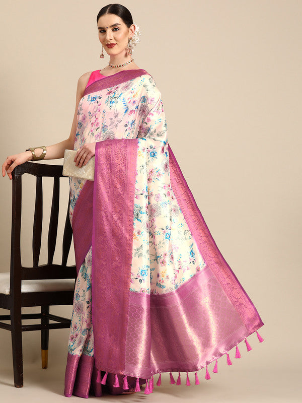 Off White Pure Silk Digital Print Floral Saree with Unstitched Blouse - Hiral Fashion
