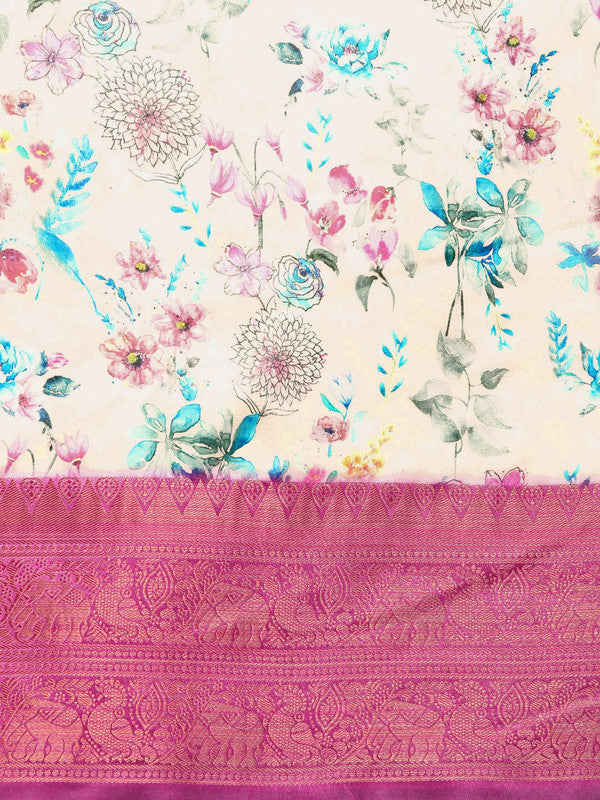 Off White Pure Silk Digital Print Floral Saree with Unstitched Blouse - Hiral Fashion