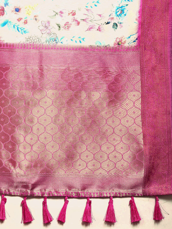 Off White Pure Silk Digital Print Floral Saree with Unstitched Blouse - Hiral Fashion
