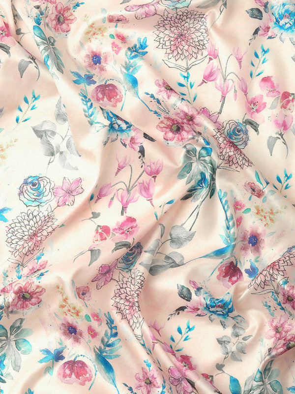 Off White Pure Silk Digital Print Floral Saree with Unstitched Blouse - Hiral Fashion
