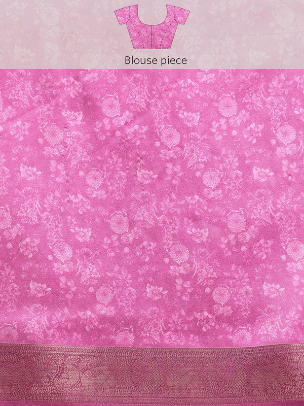 Off White Pure Silk Digital Print Floral Saree with Unstitched Blouse - Hiral Fashion