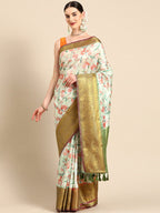 Green Pure Silk Digital Print Floral Saree with Unstitched Blouse - Hiral Fashion