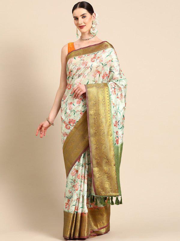 Green Pure Silk Digital Print Floral Saree with Unstitched Blouse - Hiral Fashion