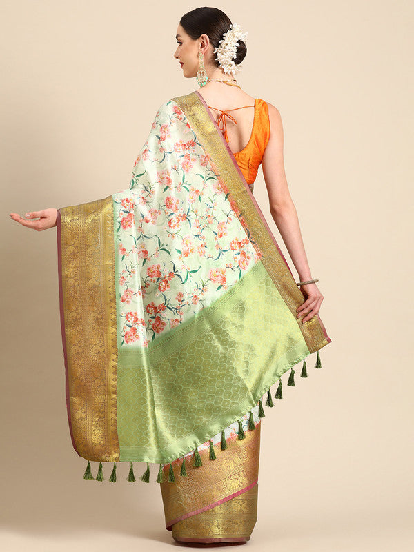 Green Pure Silk Digital Print Floral Saree with Unstitched Blouse - Hiral Fashion