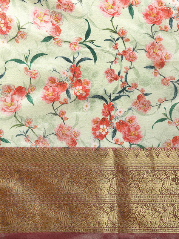 Green Pure Silk Digital Print Floral Saree with Unstitched Blouse - Hiral Fashion