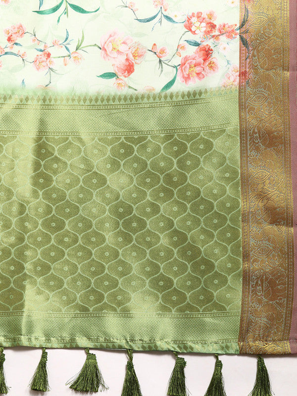 Green Pure Silk Digital Print Floral Saree with Unstitched Blouse - Hiral Fashion