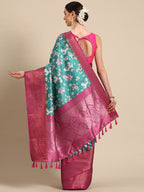 Turquoise Pure Silk Digital Print Floral Saree with Unstitched Blouse - Hiral Fashion
