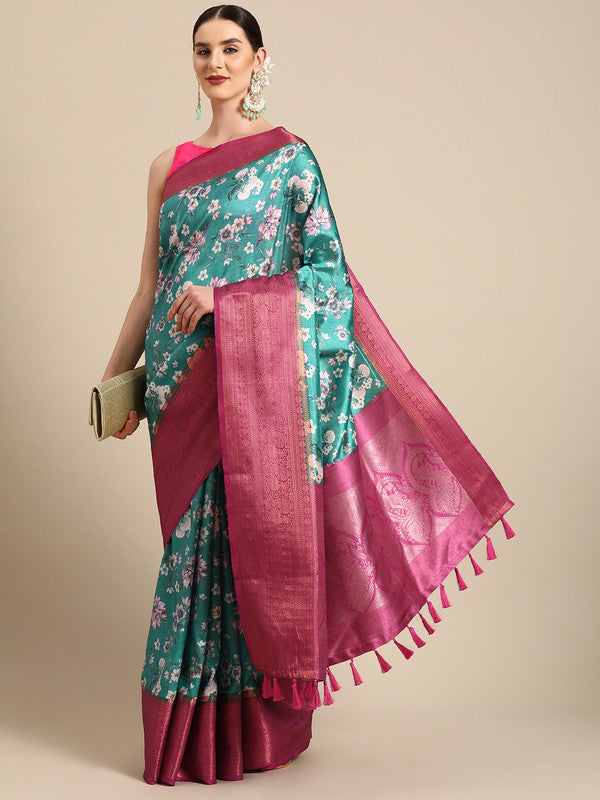 Turquoise Pure Silk Digital Print Floral Saree with Unstitched Blouse - Hiral Fashion