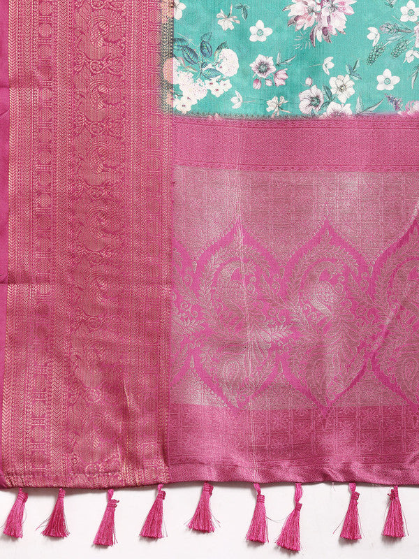 Turquoise Pure Silk Digital Print Floral Saree with Unstitched Blouse - Hiral Fashion