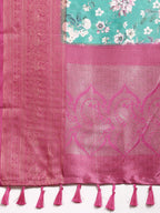 Turquoise Pure Silk Digital Print Floral Saree with Unstitched Blouse - Hiral Fashion