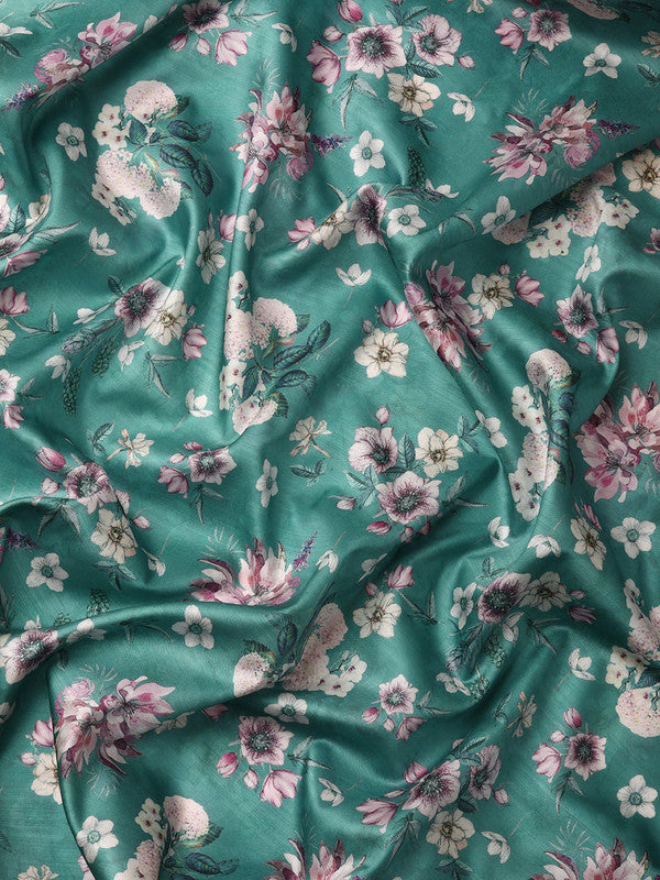 Turquoise Pure Silk Digital Print Floral Saree with Unstitched Blouse - Hiral Fashion