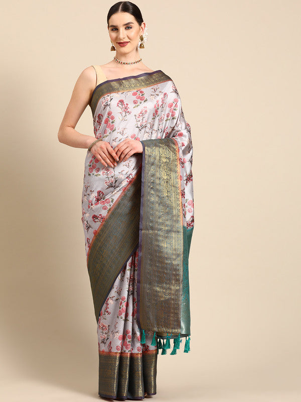 Gray Pure Silk Digital Print Floral Saree with Unstitched Blouse - Hiral Fashion